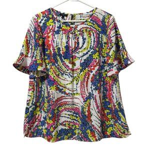 TALBOTS Sz Large P Short Sleeve Floral Ruffle Sleeve Cottagecore Polyester Shirt